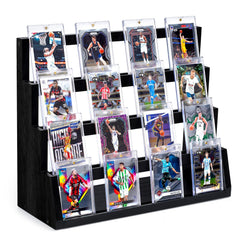 Emfogo four-tier wooden card display stand showing a stepped layout for organized viewing