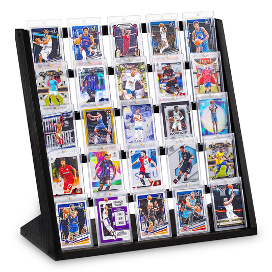 Emfogo 5-tier wooden display stand showcases cards with secure organization.