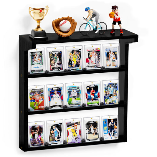 Emfogo trading card display stand on wall showcasing a three-tier layout for organized collections.