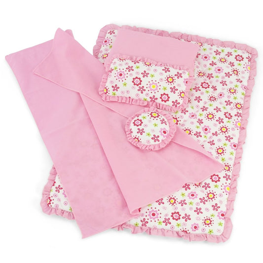Emily Rose 18-inch doll bedding set with reversible floral print for imaginative play and quick style changes.