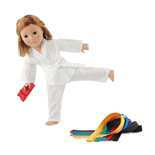 Emily Rose 18-inch doll karate gi shown with durable fabrics for lasting dress-up