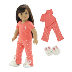 Emily Rose coral polka dot pajamas for 18-inch dolls, soft bedtime wear.