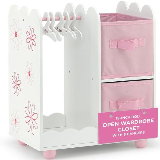 Emily Rose 18-inch doll wardrobe open storage for organized outfits.