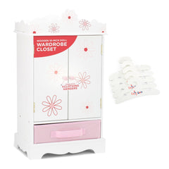 Emily Rose 18in doll closet armoire displaying organized wardrobe for playtime