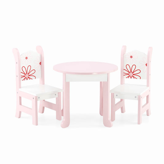Emily Rose 18-inch doll dining table in white-pink finish for stylish tea parties.