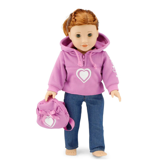 Emily Rose 18in doll pink hoodie outfit ready for imaginative play and easy styling.