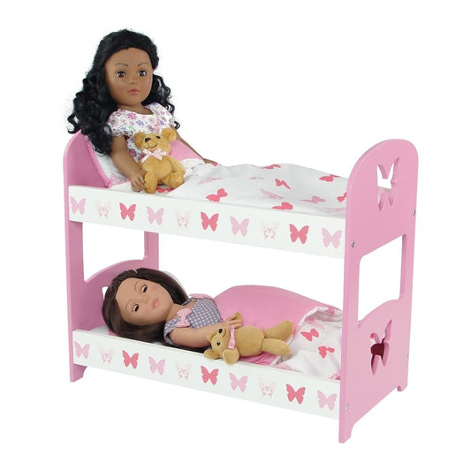 Emily Rose 18-inch bunk bed with pink butterfly finish enhances dollhouse bedrooms.