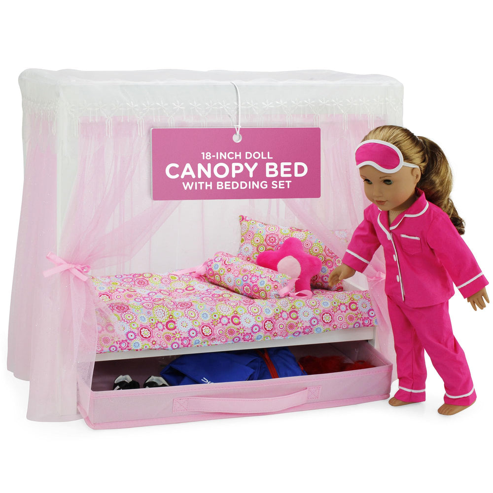 Emily Rose 18-inch doll canopy bed in white wood with pink curtains for royal play