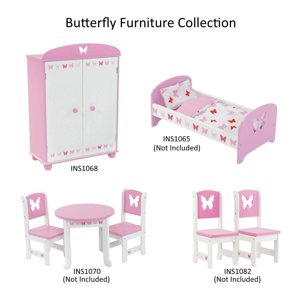 Emily Rose coordinating butterfly furniture, bunk bed, and desks for a cohesive doll bedroom.