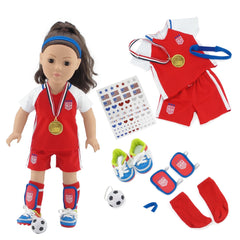 Emily Rose doll soccer uniform set for imaginative play and coordinated outfits.