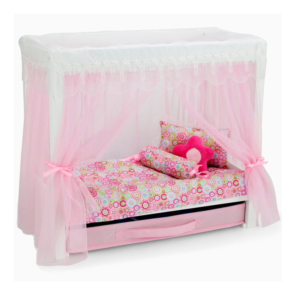 Lace trim and bow accents on the Emily Rose canopy bed