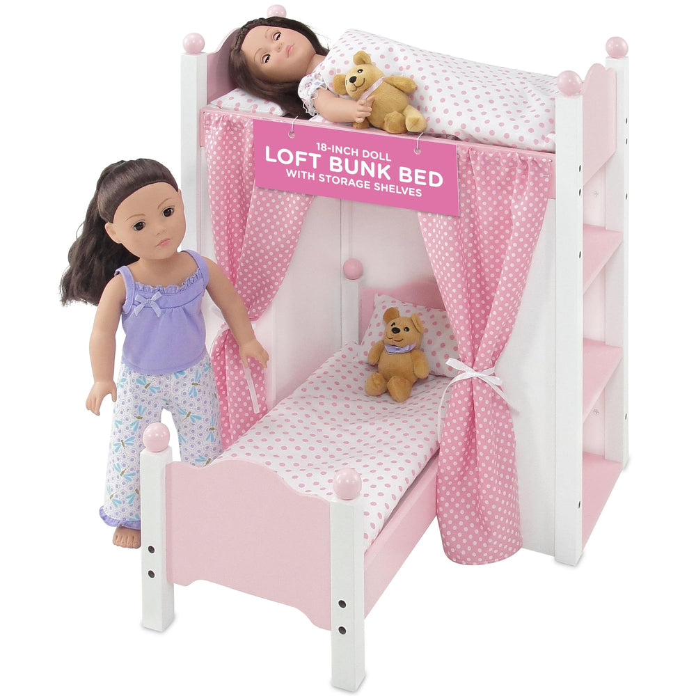 Emily Rose pink loft bunk bed for 18-inch dolls with upper bed and ladder for versatile play.