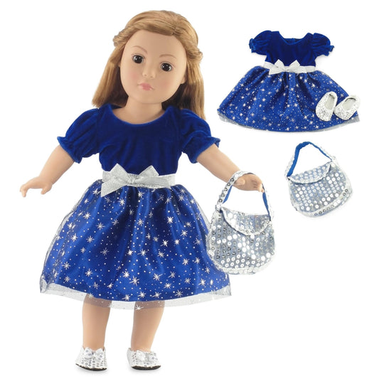 Emily Rose midnight star dress closeup shows shimmering fabric for festive doll wear.