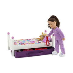 Emily Rose purple under-bed storage bin keeps doll clothes organized.