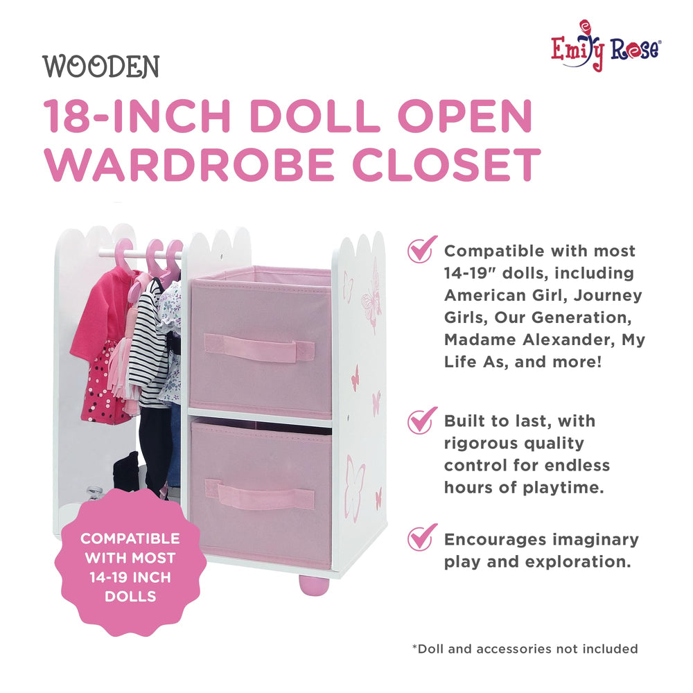 Emily Rose wooden hangers keeping doll clothes neatly sorted
