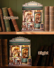 Endless Limit Sunny Cafe Book Nook Kit assembly workspace reveals durable wood parts and tiny decor
