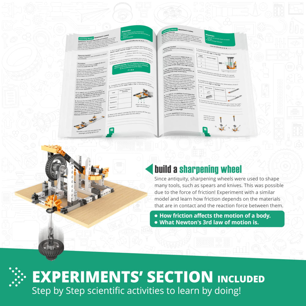 Engino sharpening wheel model illustrates motion transfer through gears and contact