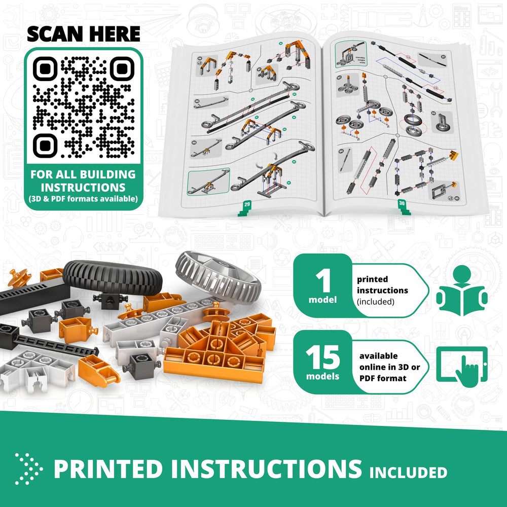 Engino 3D app view showing virtual assembly of mechanics projects.