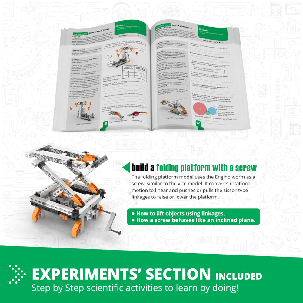 Engino worm drive assembly demonstrates slow, powerful rotation transfer.