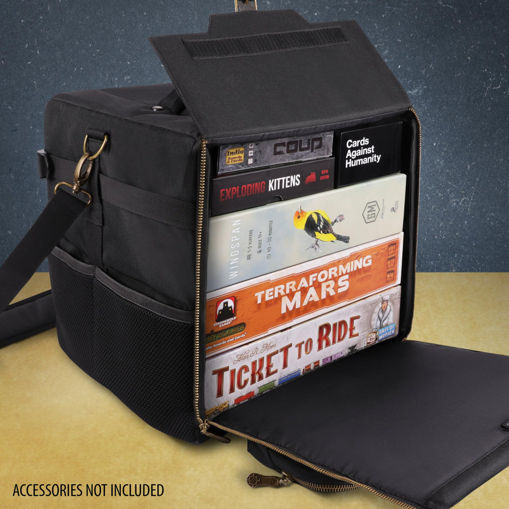 ENHANCE Board Game Shoulder Bag front pockets keep dice, cards, and small accessories organized.