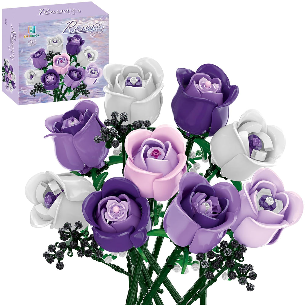 ENJBRICK Flowers Bouquet buildable kit with pink roses, great for vibrant home decor.