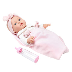 Enjoyin microfabric blanket complements the doll for gentle snuggling.
