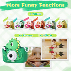 Envyvip dinosaur camera showing education games and playful filters