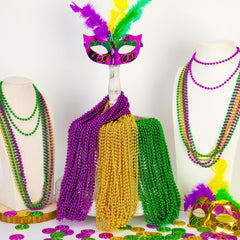 EOBOH Mardi Gras beads worn by a party-goer during celebrations.