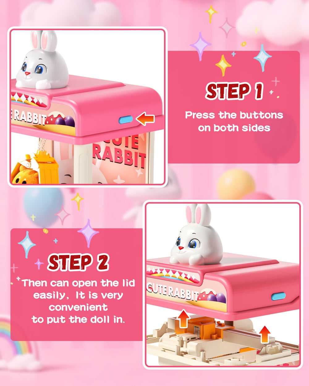 Eohemeral detachable rabbit head feature enables customizable play.