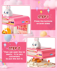 Eohemeral detachable rabbit head feature enables customizable play.