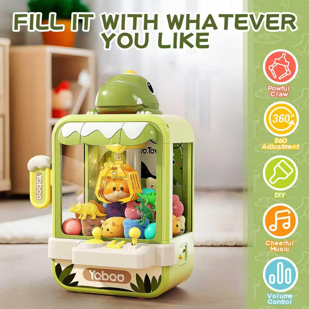 Eohemeral dinosaur claw machine with children playing shows family-friendly arcade fun.