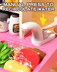 Eohemeral storage racks and market basket organize toys for tidy pretend kitchens.