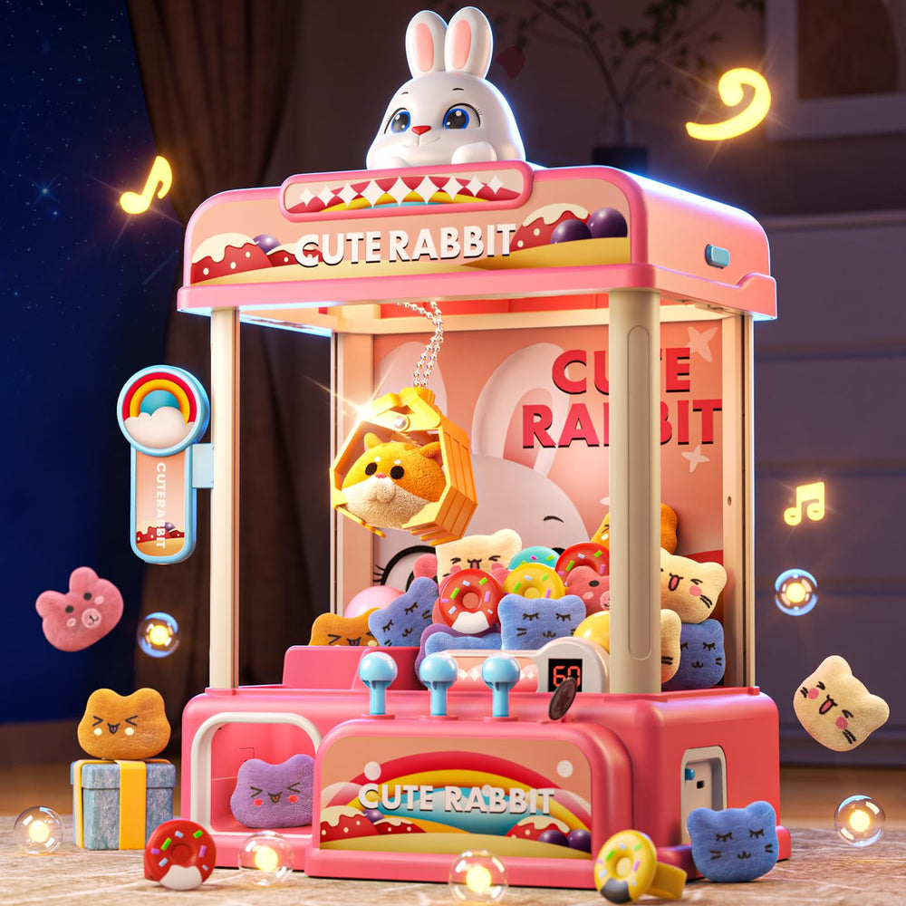 Eohemeral large rabbit claw machine front view with prizes, ready for play.