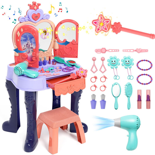 Eohemeral toddler vanity table with mirror opens on gesture for imaginative play.
