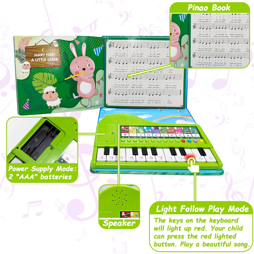 EOOLEOW Kids Piano Book Toy 20-key layout with light-guided play