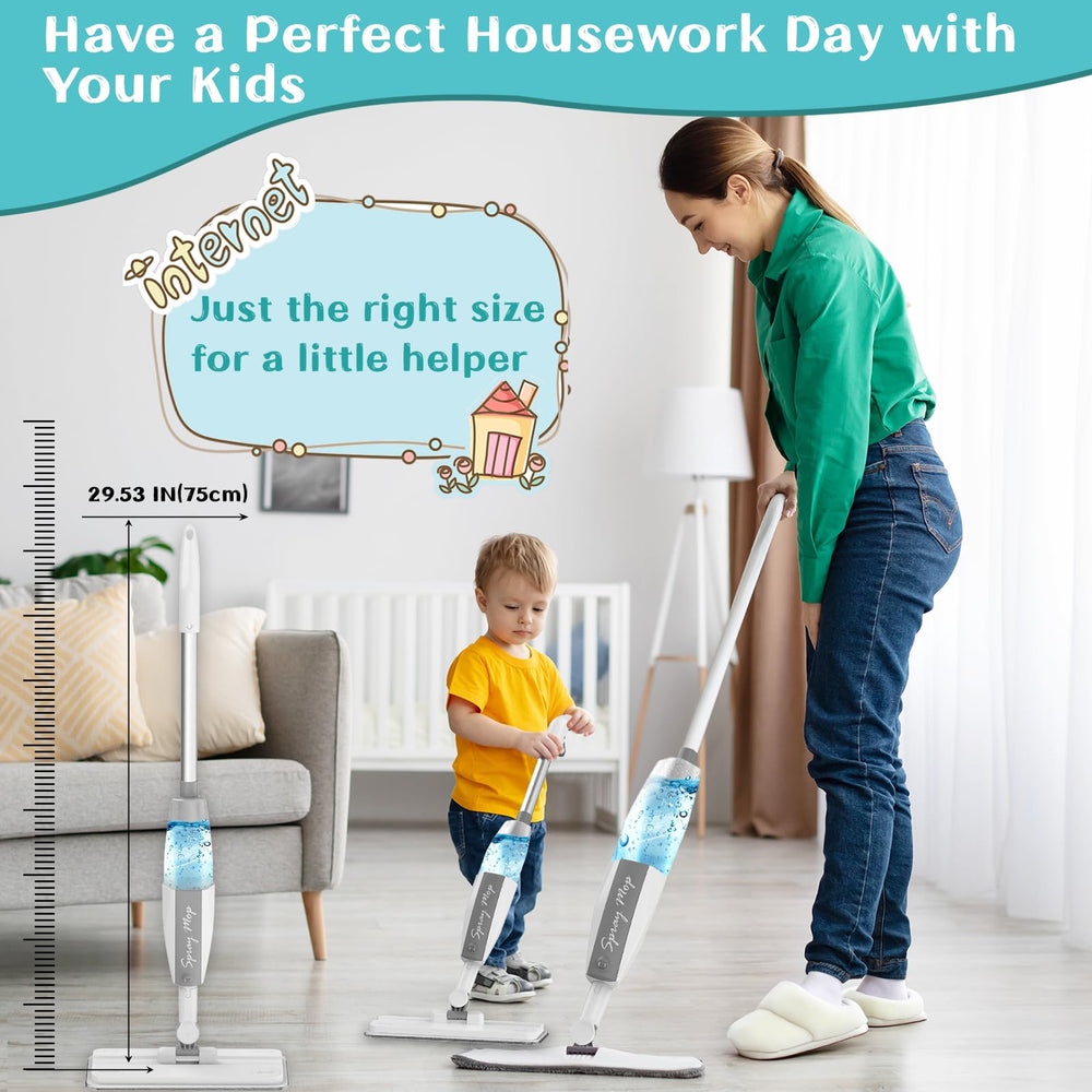 EP EXERCISE N PLAY child using mop to imitate parent cleaning routine.
