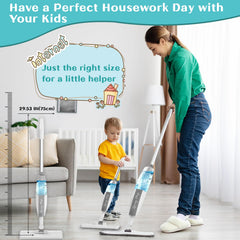 EP EXERCISE N PLAY child using mop to imitate parent cleaning routine.