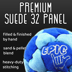 Epic Footbags Classic 3 blue foot bag with stitched suede grip.
