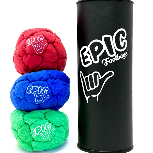Epic Footbags Classic 3 red foot bag for outdoor play.