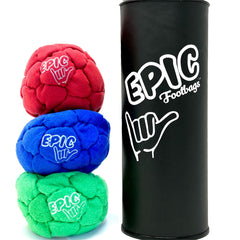 Epic Footbags Classic 3 red foot bag for outdoor play.