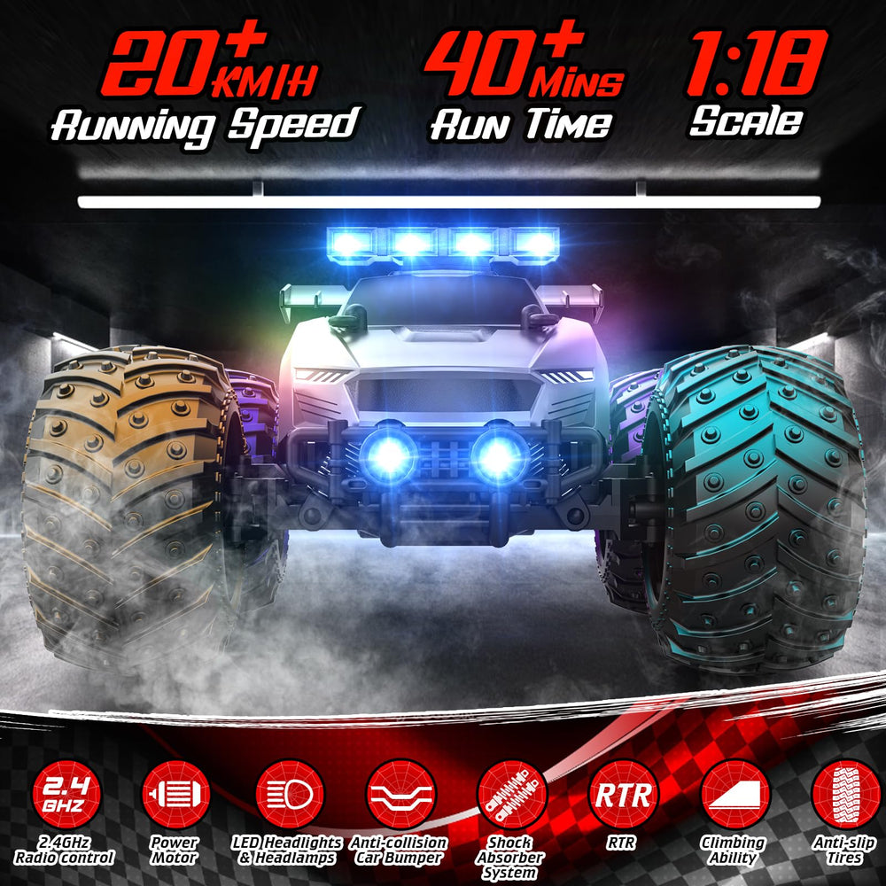 EpochAir RC car with LED headlights ready for nighttime visibility