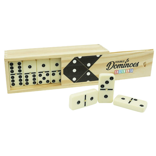 ERLLE dominoes set wooden case close-up showing premium finish for family play