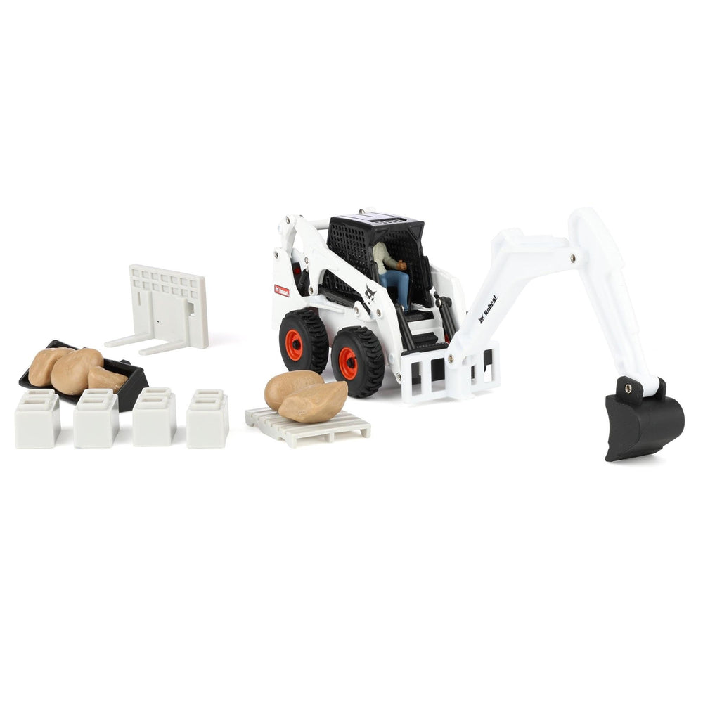ERTL Bobcat Skid Steer interchangeable attachments: bucket, forks, and boom arm