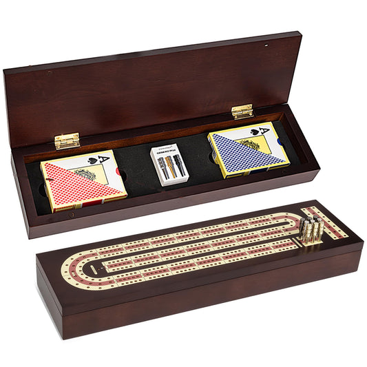 ESENHARBER cribbage board with magnetic lock secures contents for travel