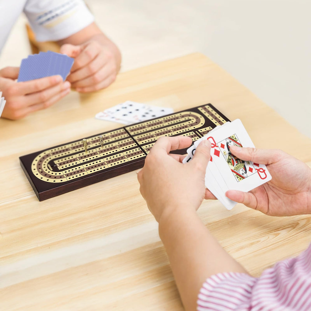 Esenharber cribbage set includes a full deck of cards for immediate play.