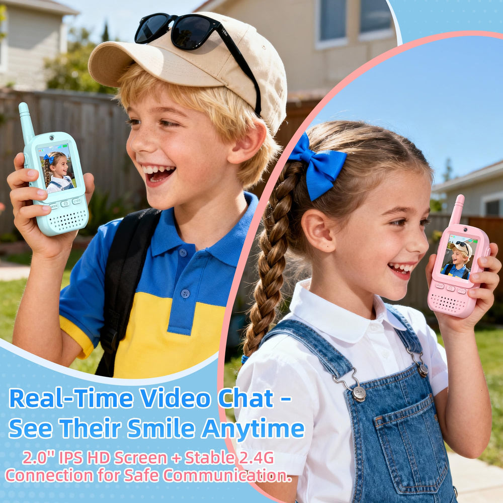 ESIYTGOP video walkie talkies kids 2-pack 2-inch screen for clear viewing.