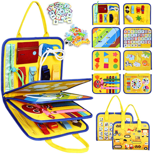Esjay Busy Board with 8 pages boosts fine motor skills through varied activities.