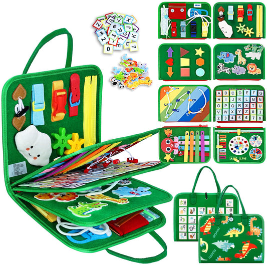 Esjay green dinosaur busy board activity engages toddlers with hands-on sensory play.