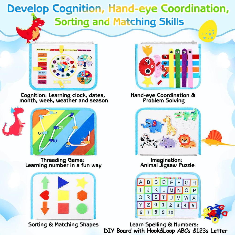 Esjay Toddler Busy Board clock calendar page supports routine recognition and sequencing.
