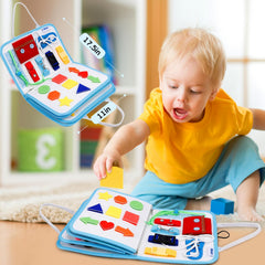 Esjay Toddler Busy Board shapes threading page enhances hand-eye coordination through matching tasks.